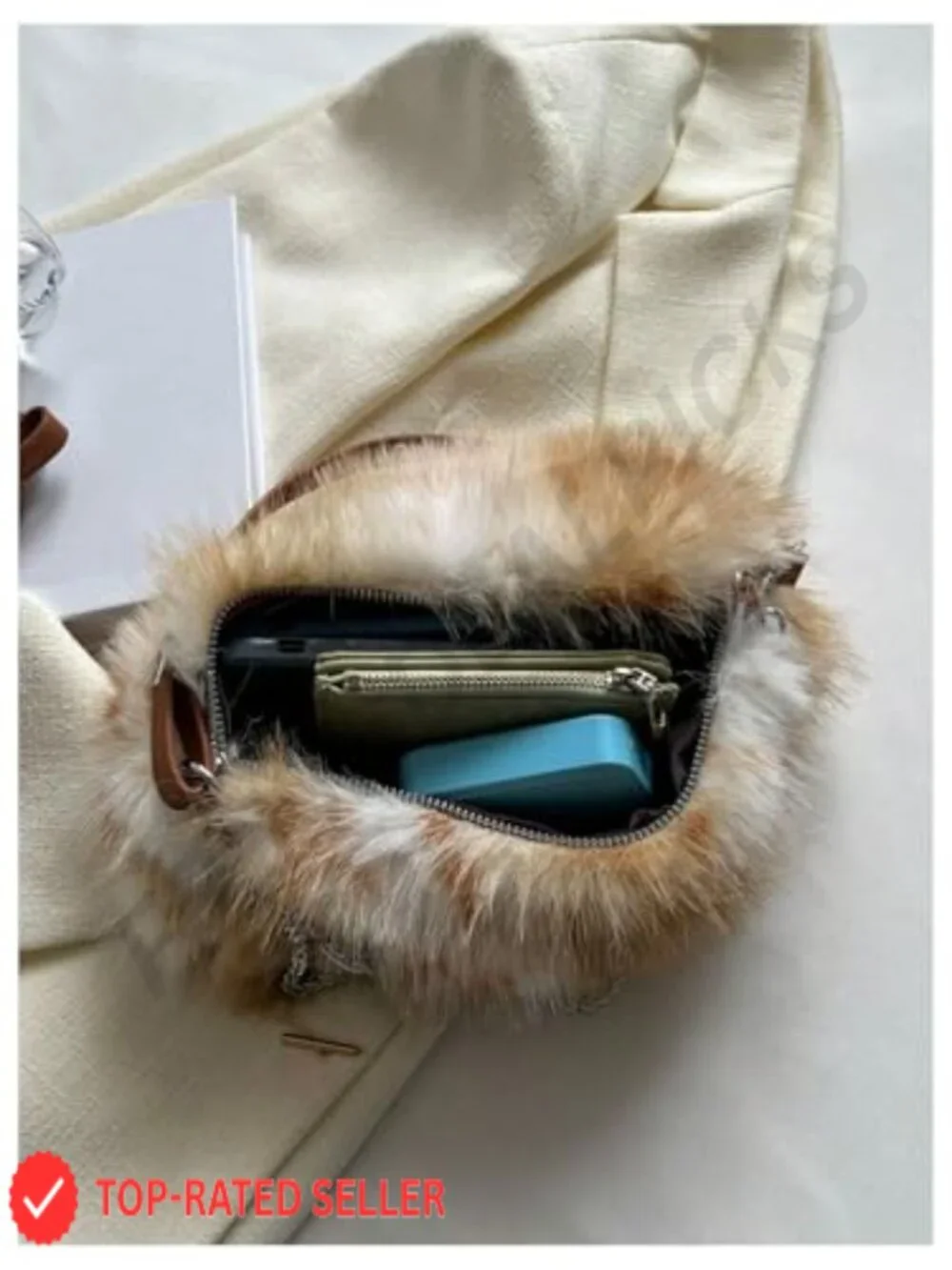 Faux Fur Shoulder Handbag Fuzzy Plush Top Handle Square Bag